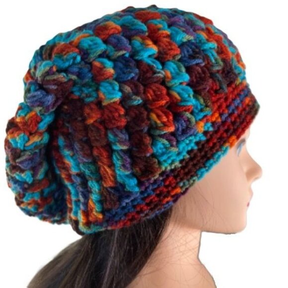 Handmade Accessories - Crochet Slouch Hat Slouchy Beanie Snood Handmade Adult Size Multi Color Acrylic